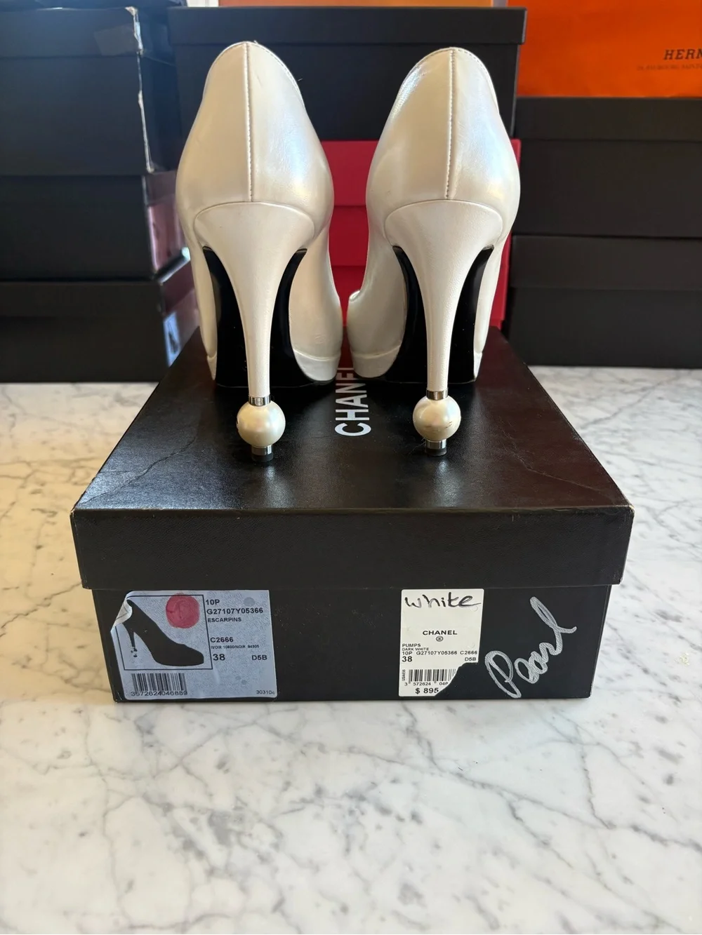 CHANEL IVORY AND BLACK CAPE, LEATHER PLATFORM PUMPS
